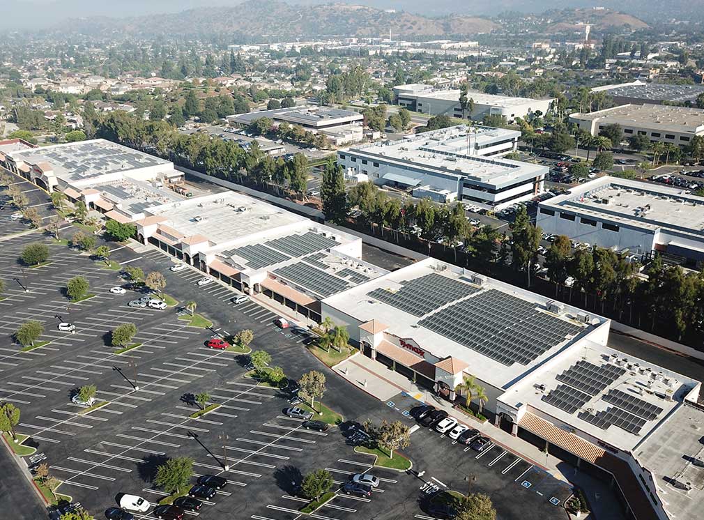 Commercial retail and shopping center with rooftop solar.
