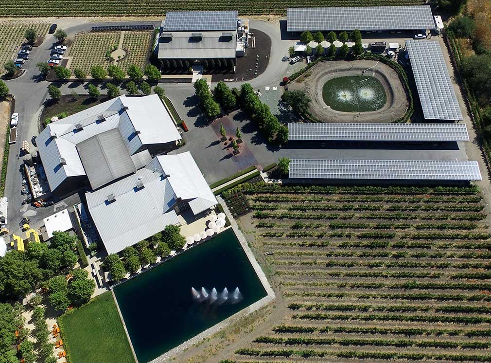 Wine winery vineyard with carport solar pv structures and energy system.